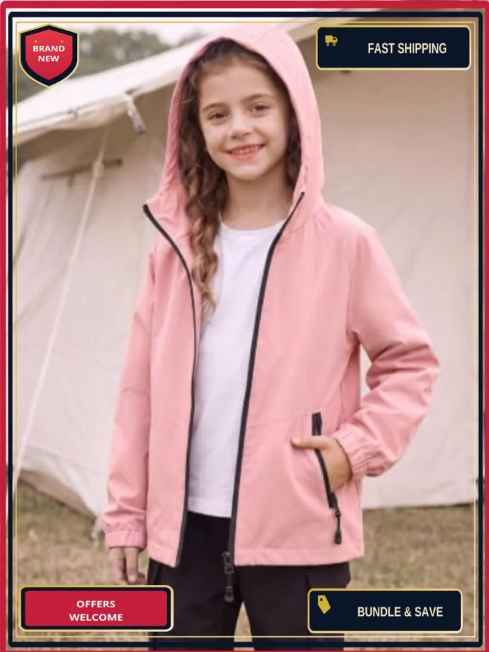 Girls Waterproof Windbreaker Jacket Lightweight Hooded Zip Up Raincoat